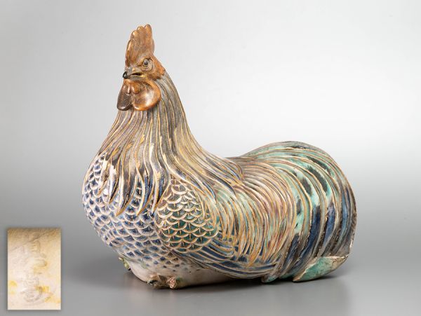 W020.【希少品】初代 真葛香山造 金彩 鷄 置物 高さ25.0cm / 陶器陶芸