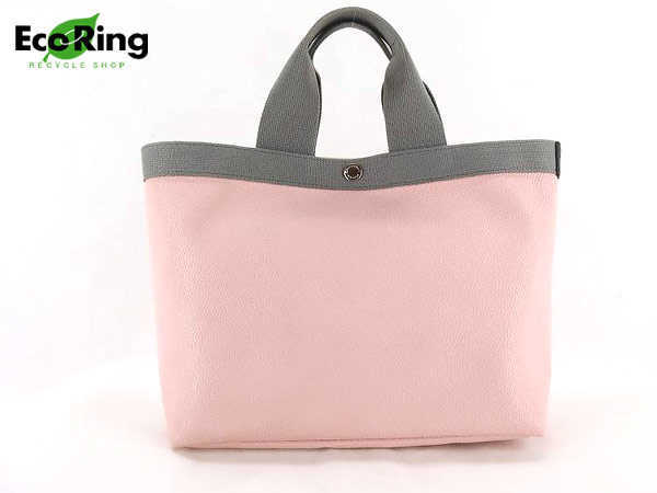 1円 美品 エルベシャプリエ Herve Chapelier レザー×キャンバス トートバッグ ピンク×グレー AK702