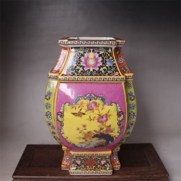 中国古董品 清 時代唐物 雍正 琅彩『四方花鳥』梅瓶 賞瓶 中国古美術