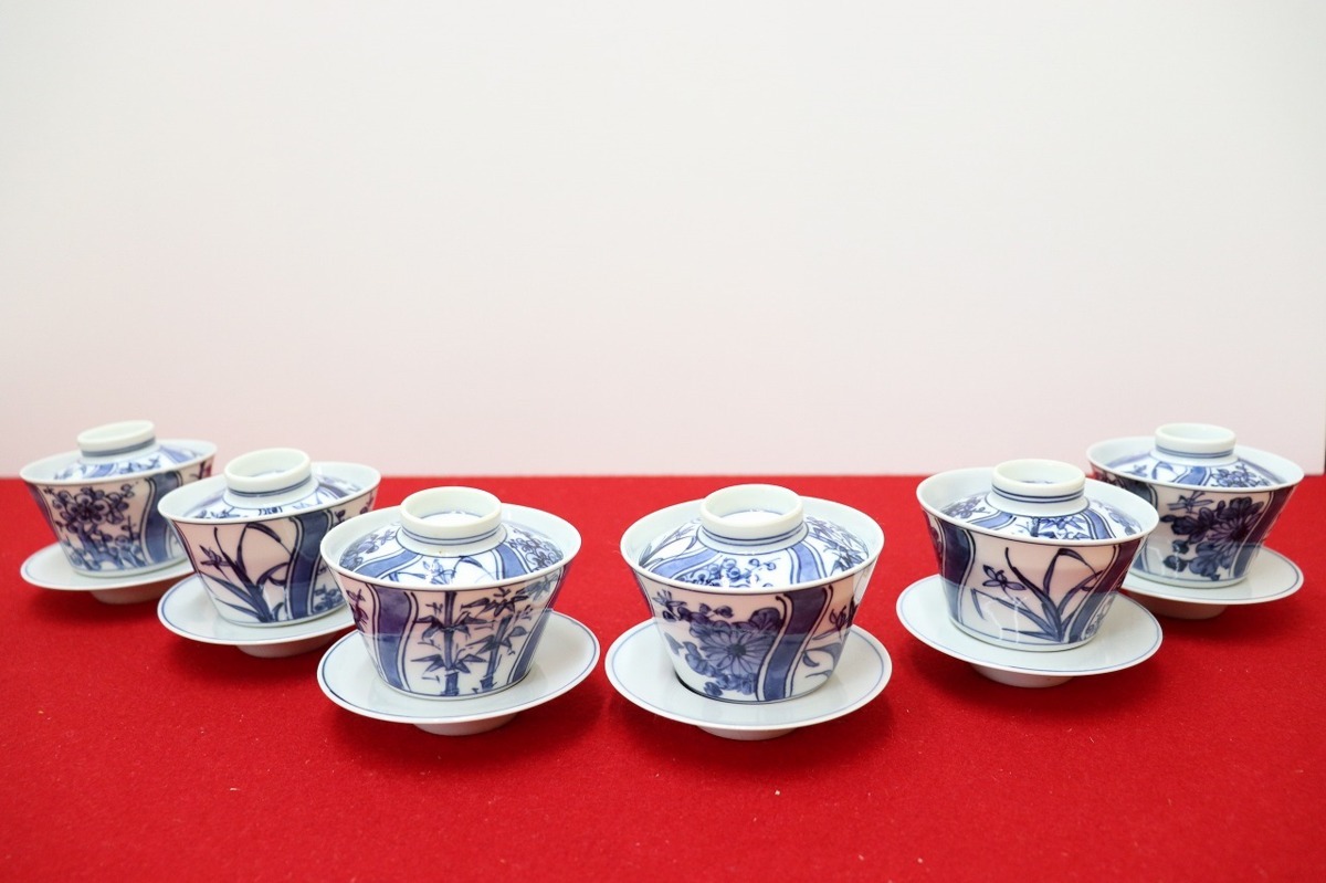 中国時代古玩 唐物古陶磁 煎茶道具 梅蘭竹菊図色絵茶碗一客 茶器 平安