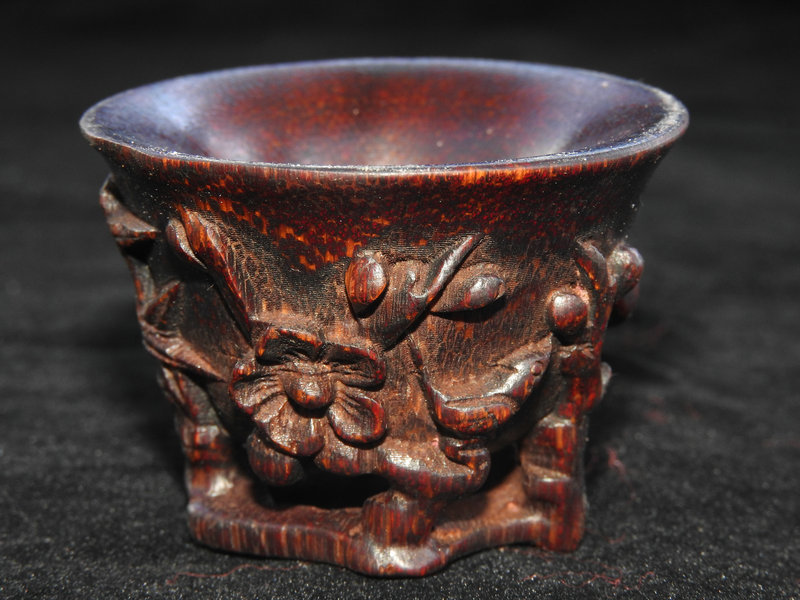 明治期 銅製 金工細工 爵 酒盃 酒器 置物 飾り物☆時代物☆ 西蔵収集 角材製 花卉紋 酒杯 爵杯 置物 賞物 時代物 希少 西蔵収集