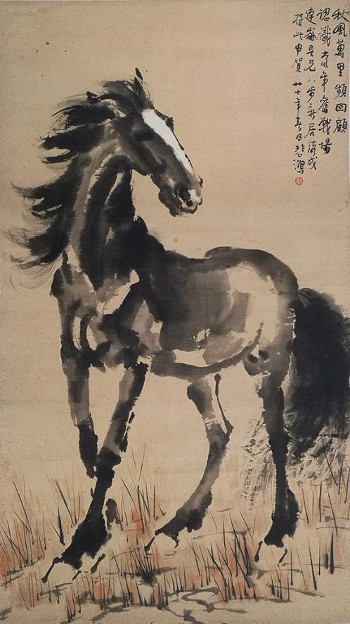 中国美術 古筆 大珍品 徐悲鴻【秋風万里図。】中国画家☆巻物☆掛け軸