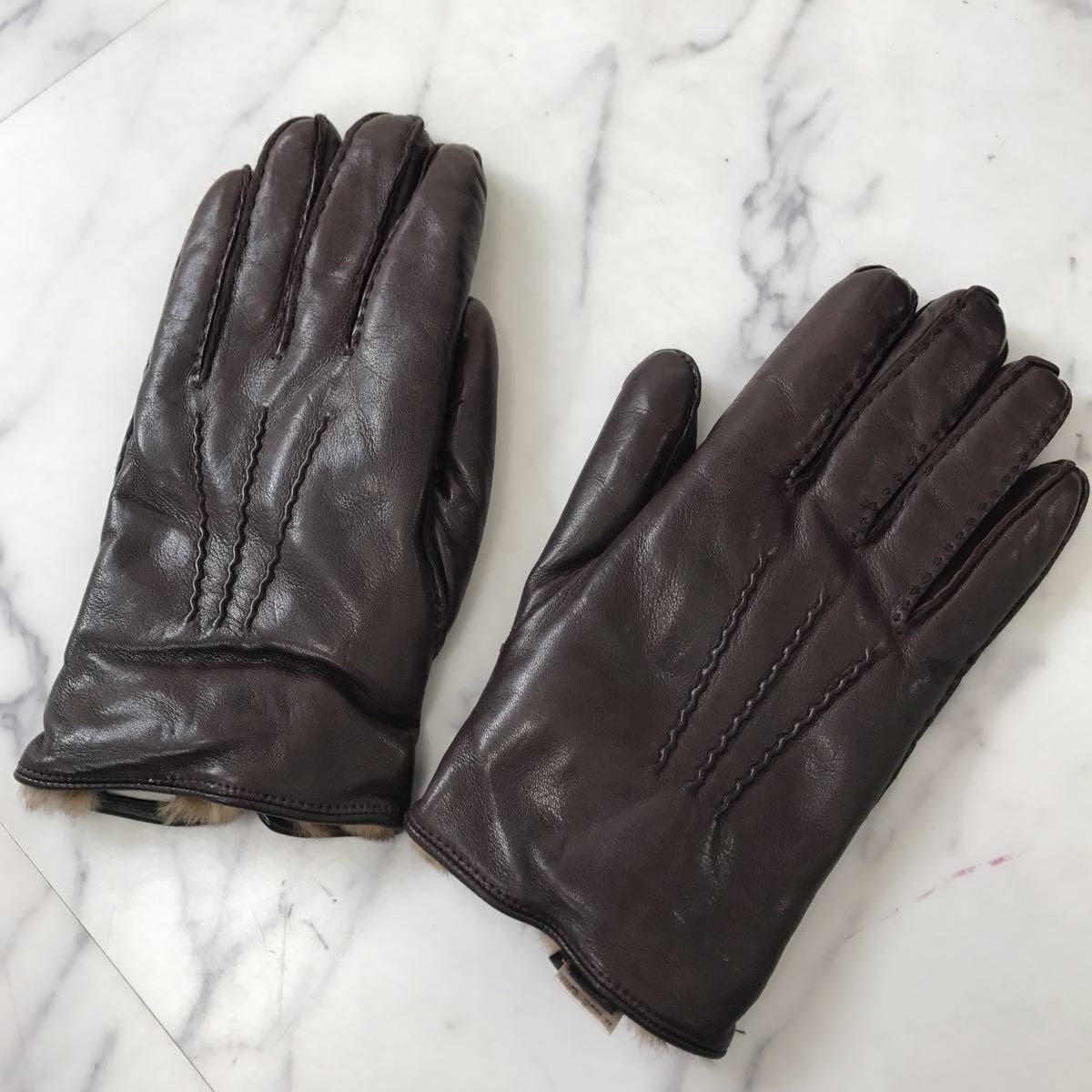 美品 イタリア製 ナノユニバース購入 gloves グローブス レザー内ファー付き手袋 メンズ 25cm