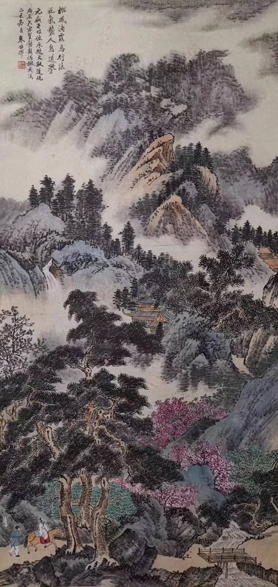 ◆厳◆伝来 中国書画　清時代書画家『朱梅邨・青緑山水図』肉筆紙本　掛け軸　書画立軸　中国美術　コレクター必見　アンティーク