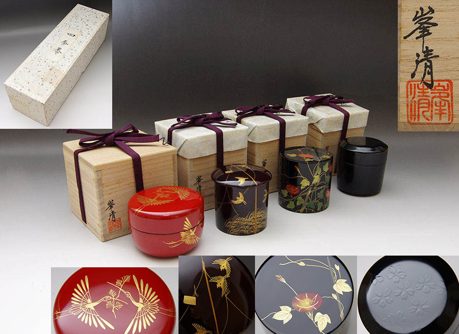 イ778 棗『鶴金蒔絵　棗　共箱』『塗師　峯清作』茶入　茶器　茶道具 峯清 作 四季棗 共箱 茶器 茶道具 雪吹夜桜 中次朝顔 金林寺鳴子
