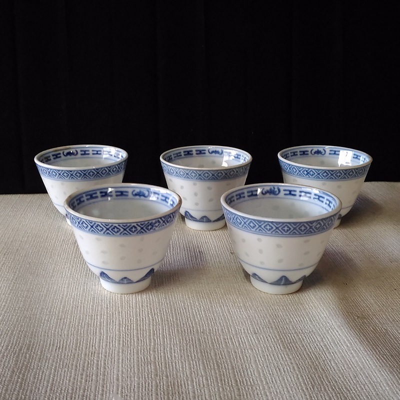 ◎ 蛍手 煎茶碗5客 景徳鎮製 蛍 蛍焼 茶道具 a113