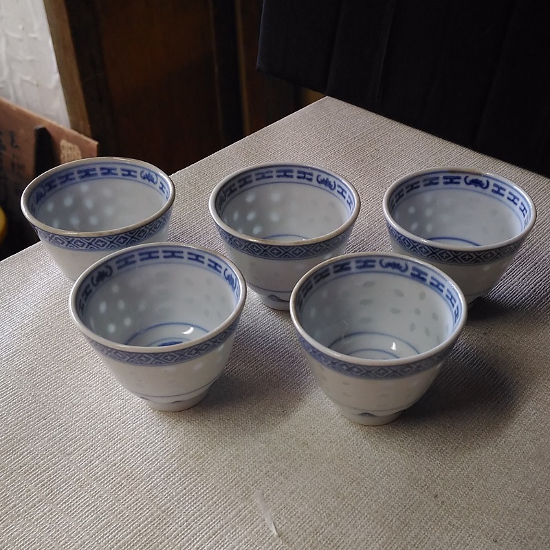 ◎ 蛍手 煎茶碗5客 景徳鎮製 蛍 蛍焼 茶道具 a113