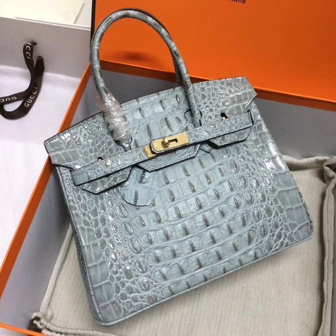 絶賛★最高級天然ワニ革 アクアブルー 鍵付 本革 ハンドバッグ 2WAY ショルダー付き レディース用 35cm トートバッグ 薄いグレー