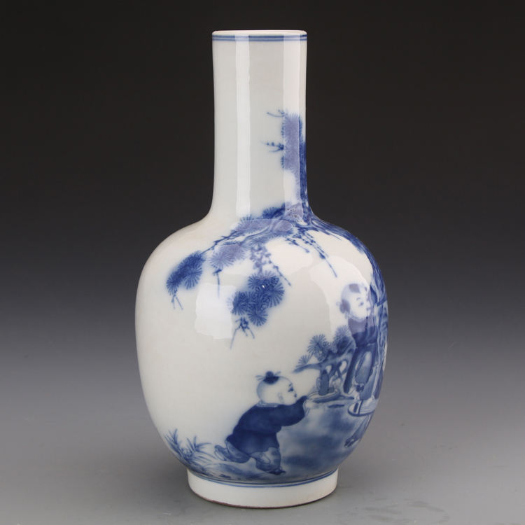中国美術 青花 湖山清遠 景徳鎮 在銘 花器(K-A389) 景徳鎮花瓶