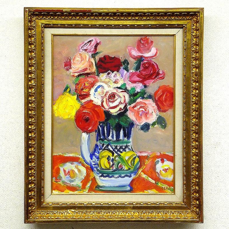 GLC】朝比奈文雄 「薔薇」 油彩10号 日展評議員 師:小絲源太郎 値下げ