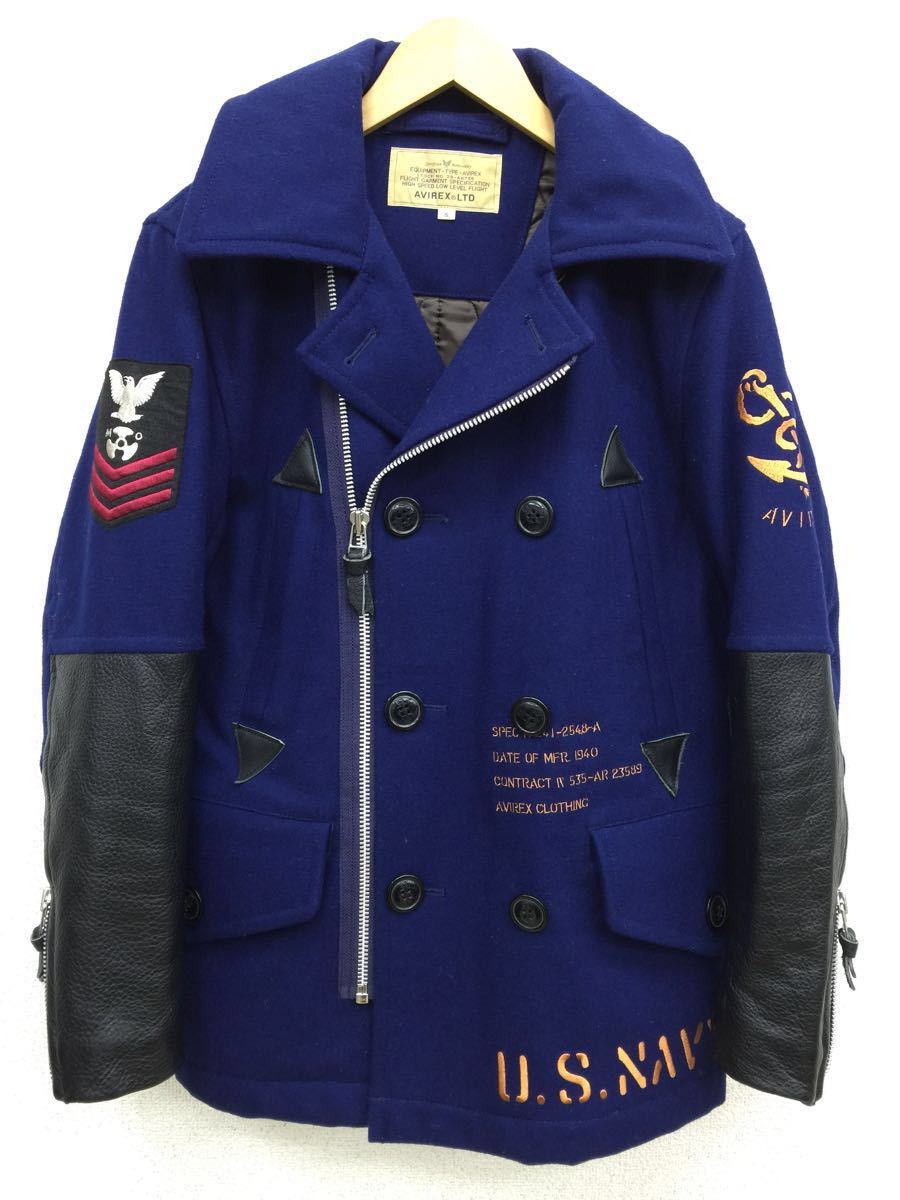 AVIREX パッチ付き メルトンPコート L ネイビー 正規品 美品 最高傑作☆AVIREX アヴィレックス レザー ライダース メルトン ウール