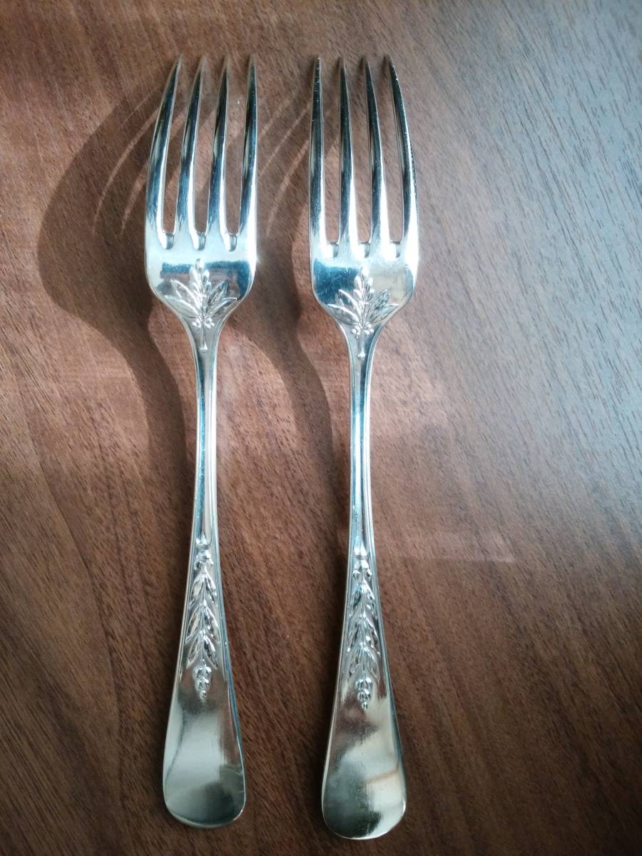 クリストフル Christofle ローリエ 希少モデル シルバープレート 銀メッキ テーブルフォーク 2本 アンティーク_2