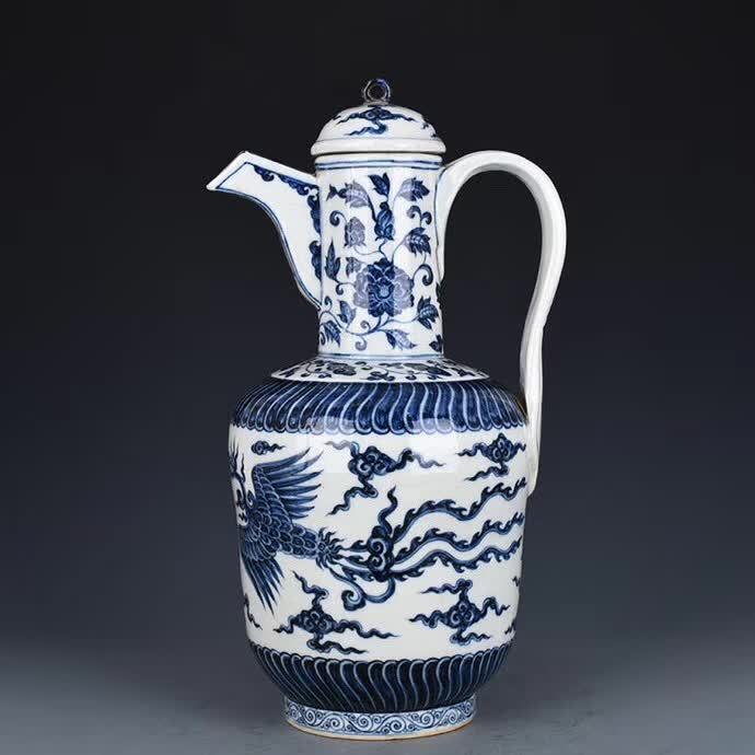★古寶堂★蒐集 【0113-25】『明時代 宣德青花鳳紋執壺』中国古董品　賞物 置物擺件　34×19cm