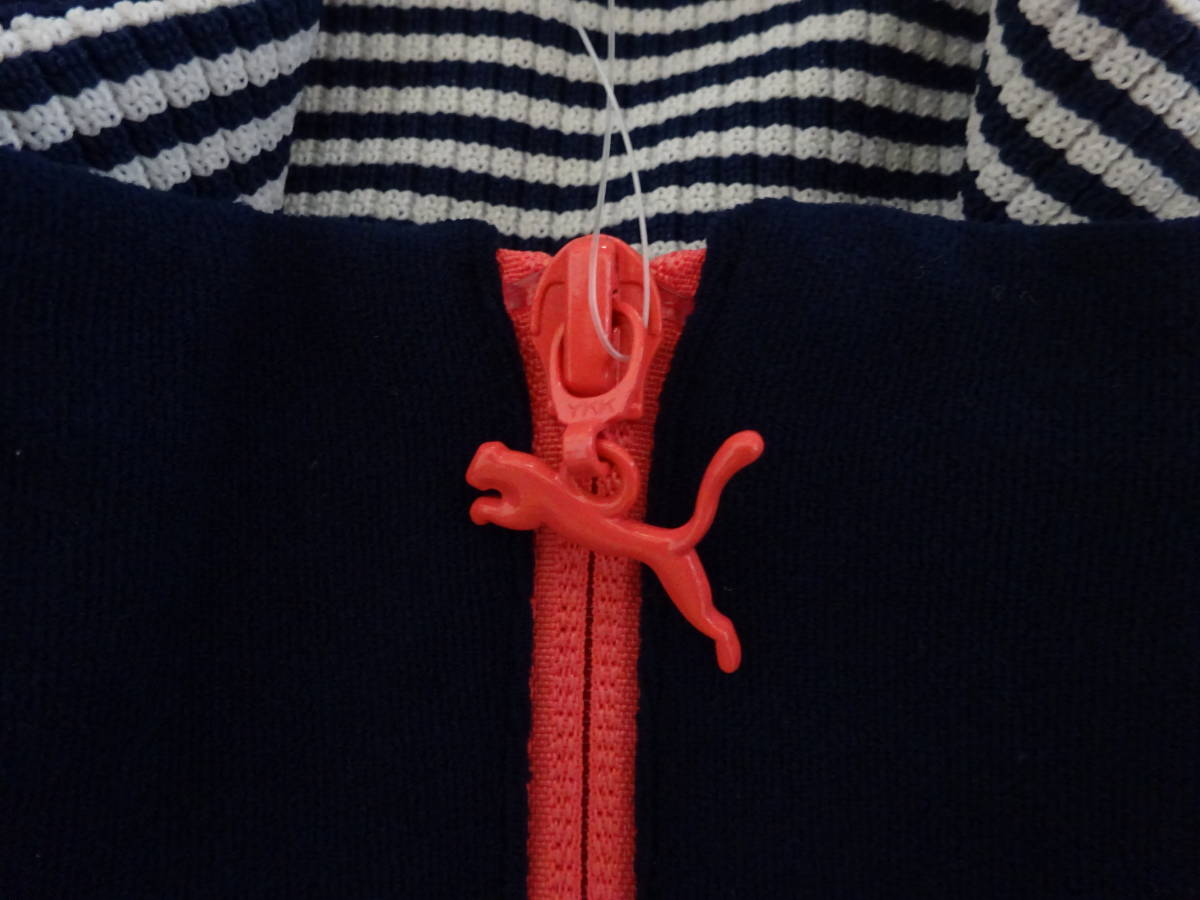 新品♪半額以下!!15120♪PUMAプーマ♪S♪高機能素材・快適パイルジャージ上下♪肌ざわりがいい!!♪ネイビー・紺♪ボーダー柄♪即決