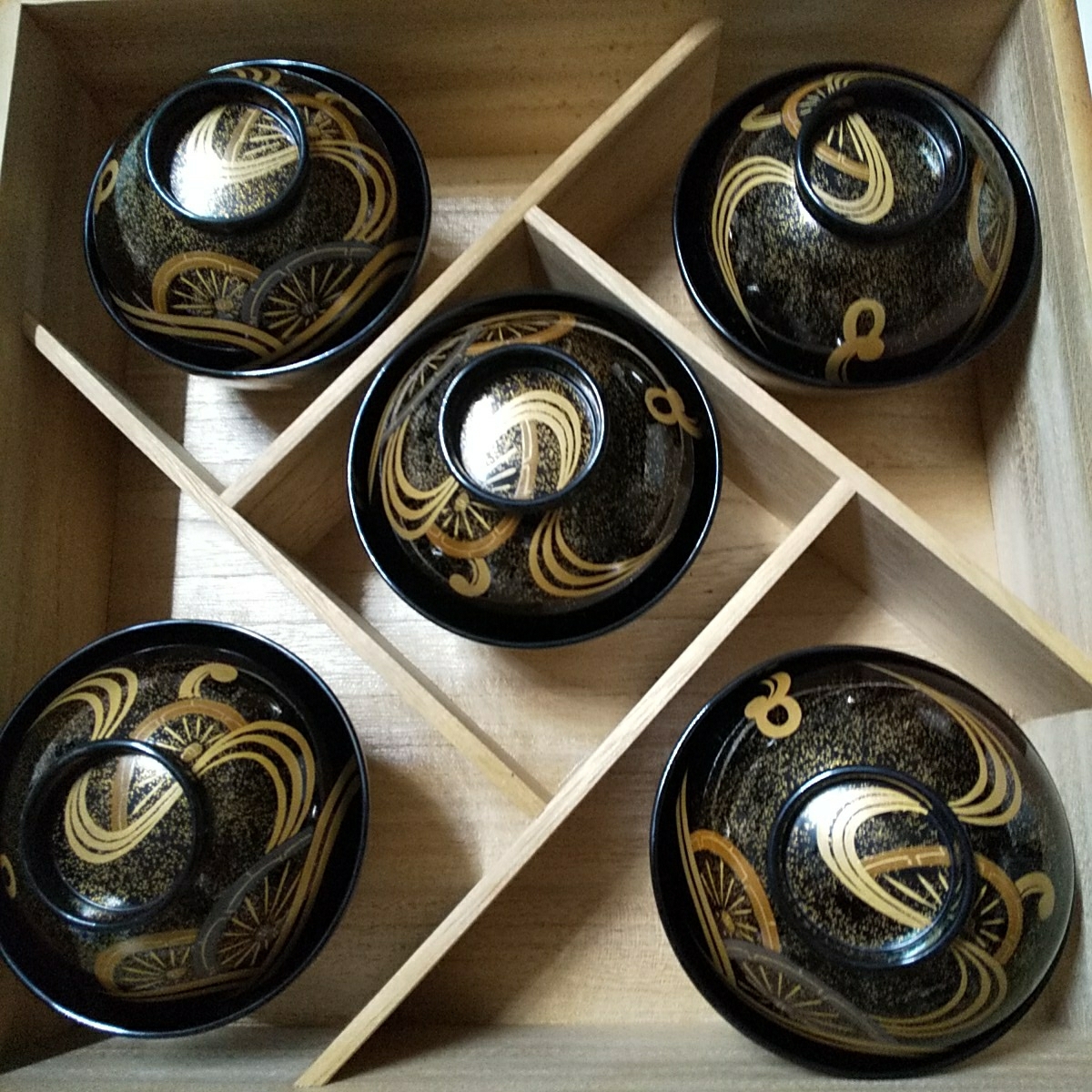 美品輪島塗 西久保田漆器店 朱塗 桔梗蒔絵 小吸物椀 5客