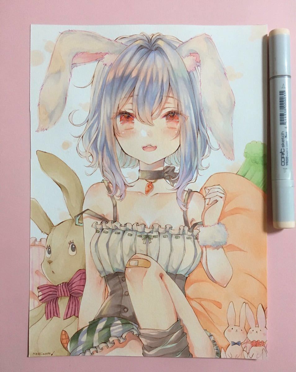 同人手描きイラスト◎B5◎オリジナル◎うさぎ耳女の子(手描きイラスト