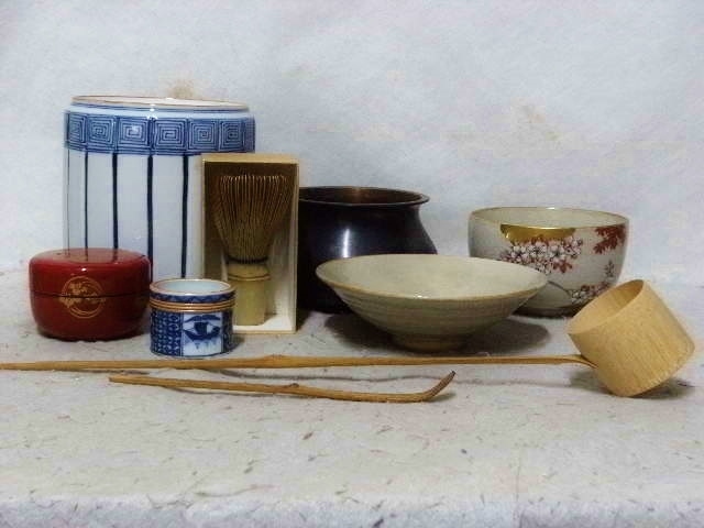 建水 激安スタート 長期保管 茶道具一式 抹茶碗 銅製建水 棗他 短冊