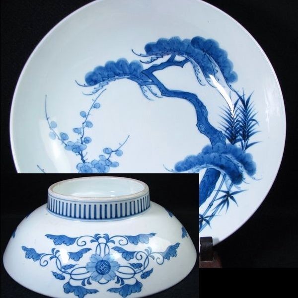 藍鍋島 松竹梅文尺皿 幅：30cm 江戸後期 古伊万里/19g07 【公式通販】