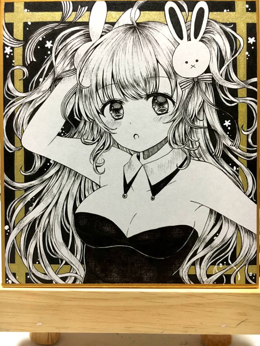 オリジナル 同人手描きイラスト 「バニーガール」 モノクロ画 小色紙