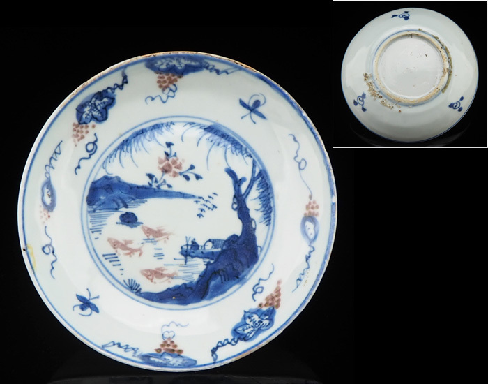 【夢工房】南京古赤絵 古染付皿 明 天啓時期 中国古玩　径15.7㎝ M-015
