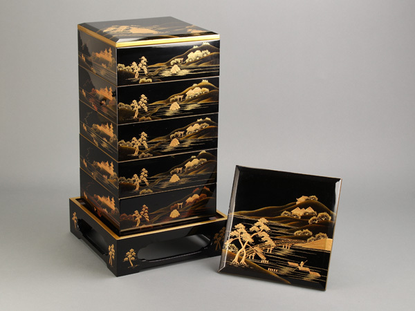 【流】時代漆器 黒塗蒔絵五段重箱 箱付 CJ859