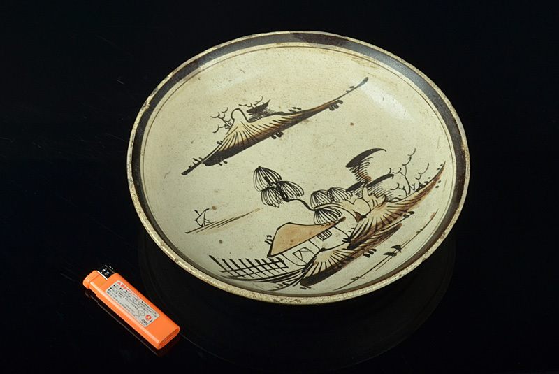 高良】瀬戸焼 古瀬戸 絵瀬戸 鉄絵山水文 飾皿 直径約26cm MDXP 瀬戸焼