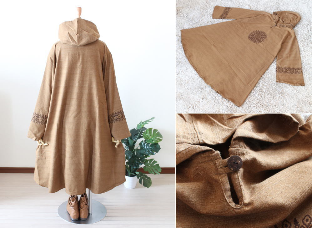 当店オリジナル＊エスニック円型柄＊お袖斜めカットフレアー＊フードワンピース＊エスニック＊dandelion＊タイ＊キャメル