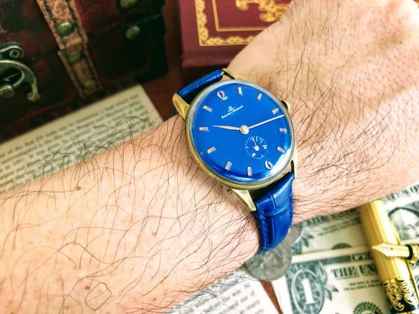 ■レアな1本！オシャレ■高級/ボーム＆メルシエ【BAUME&MERCIER】ビンテージ/メンズ/手巻き/腕時計/34㎜/アンティークウォッチ/青色文字盤