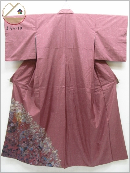 着物10 逸品!! 絹 付下げ 【本場大島紬】縞大島 夢小袖 御所車 菊 女郎花 桔梗 撫子 秋草文様 比翼付 袷 身丈158cm 裄64cm ☆☆☆☆☆