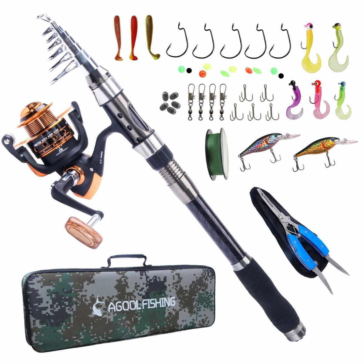 AGOOL釣りセット!(長さ: 2.7 メートル) 炭素コンパクトロッド ルアーセットスピニングリールラインラインカッター専用ケース付き