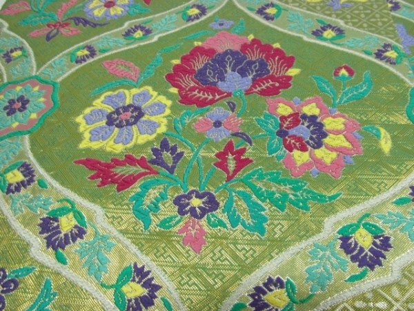 ★着物10★ 1円 絹 袋帯 佐賀錦 更紗 花唐草 草花 六通柄 長さ444cm [同梱可] ☆☆☆☆