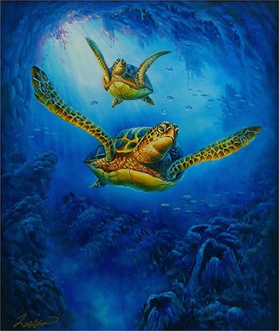 作者不明 画面サイン Lassen 鑑定書 海亀 クリスチャンラッセン 油彩