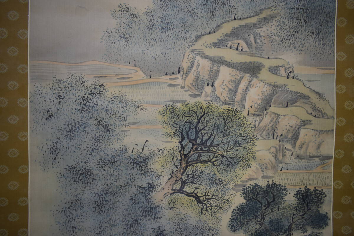 真作】/与謝蕪村/謝寅/馬小屋山水人物図/絹表装/布袋屋掛軸HH-3 与謝
