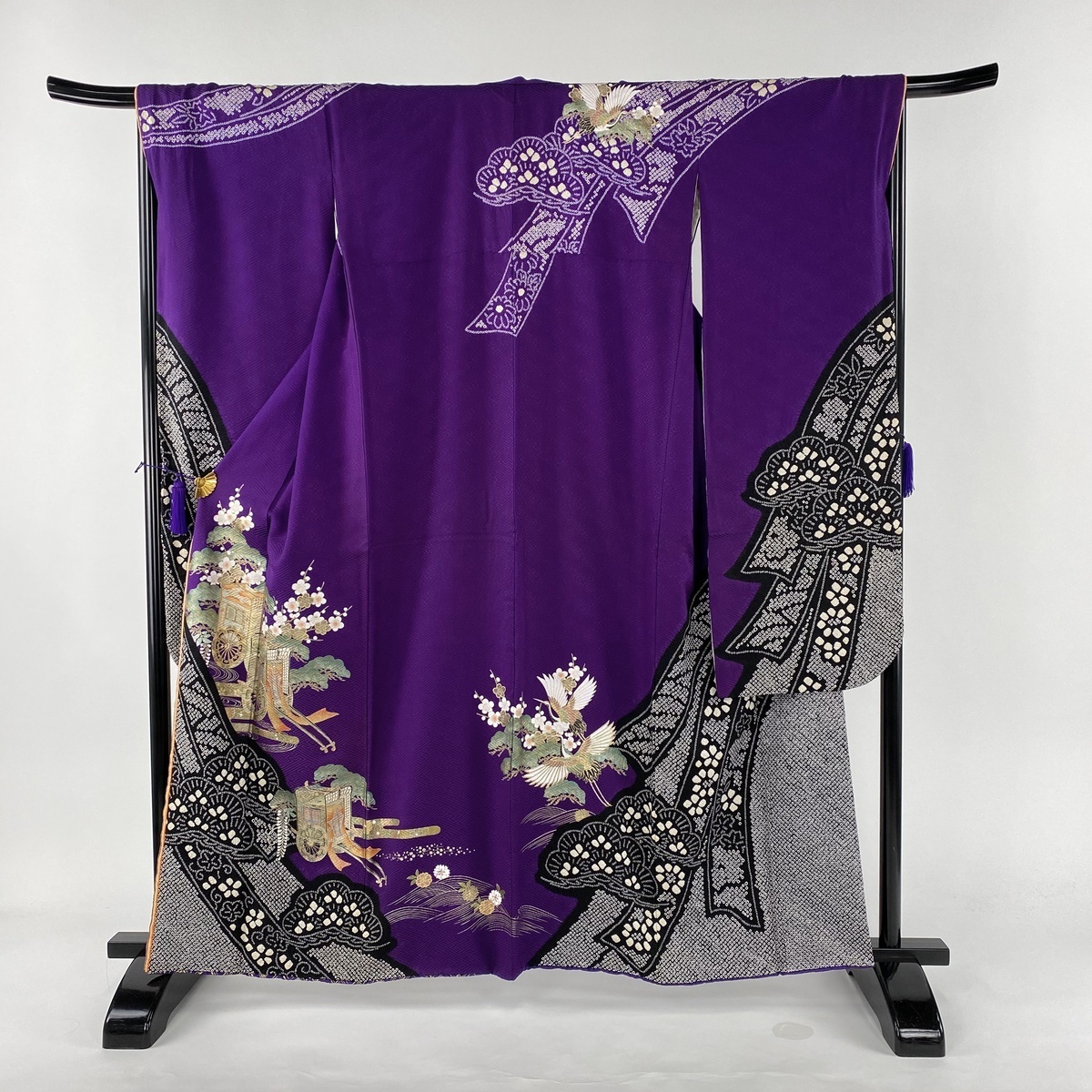 振袖 秀品 御所車 松 金彩 絞り 紫 袷 身丈159cm 裄丈67.5cm L 正絹