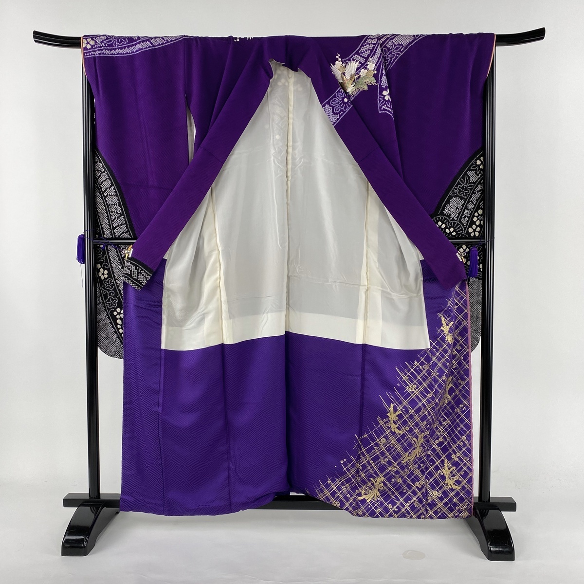 振袖 秀品 御所車 松 金彩 絞り 紫 袷 身丈159cm 裄丈67.5cm L 正絹