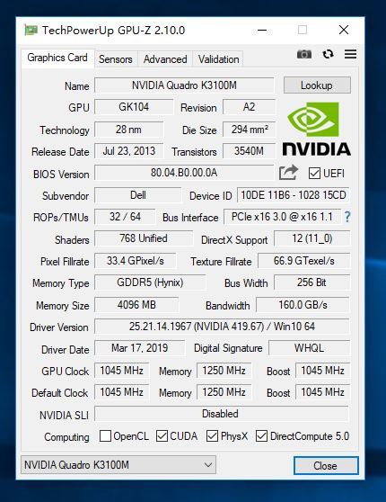 日本公式 販売 サイト ノートPC コンパクトPC 用 グラボ Quadro K3100m 4GB 動作確認済 GTX765m/K4000m相当 MXM Dell Precision m6800