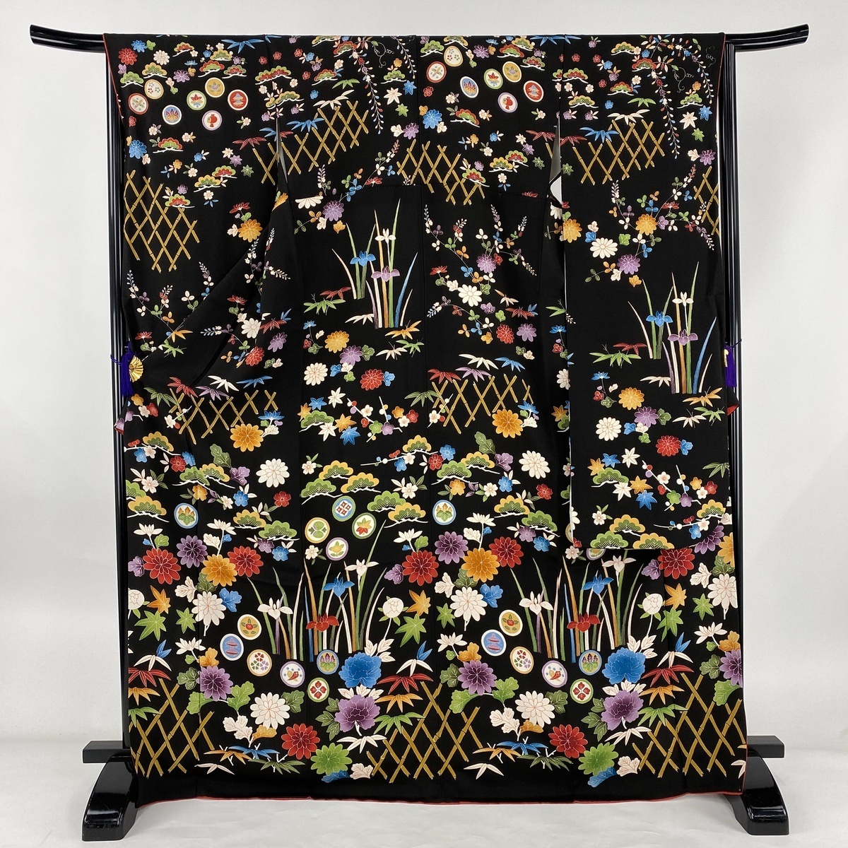 振袖 袷 松竹梅 縮緬 身丈158.5cm 裄丈64.5cm M 牡丹 染め分け 紫 正絹