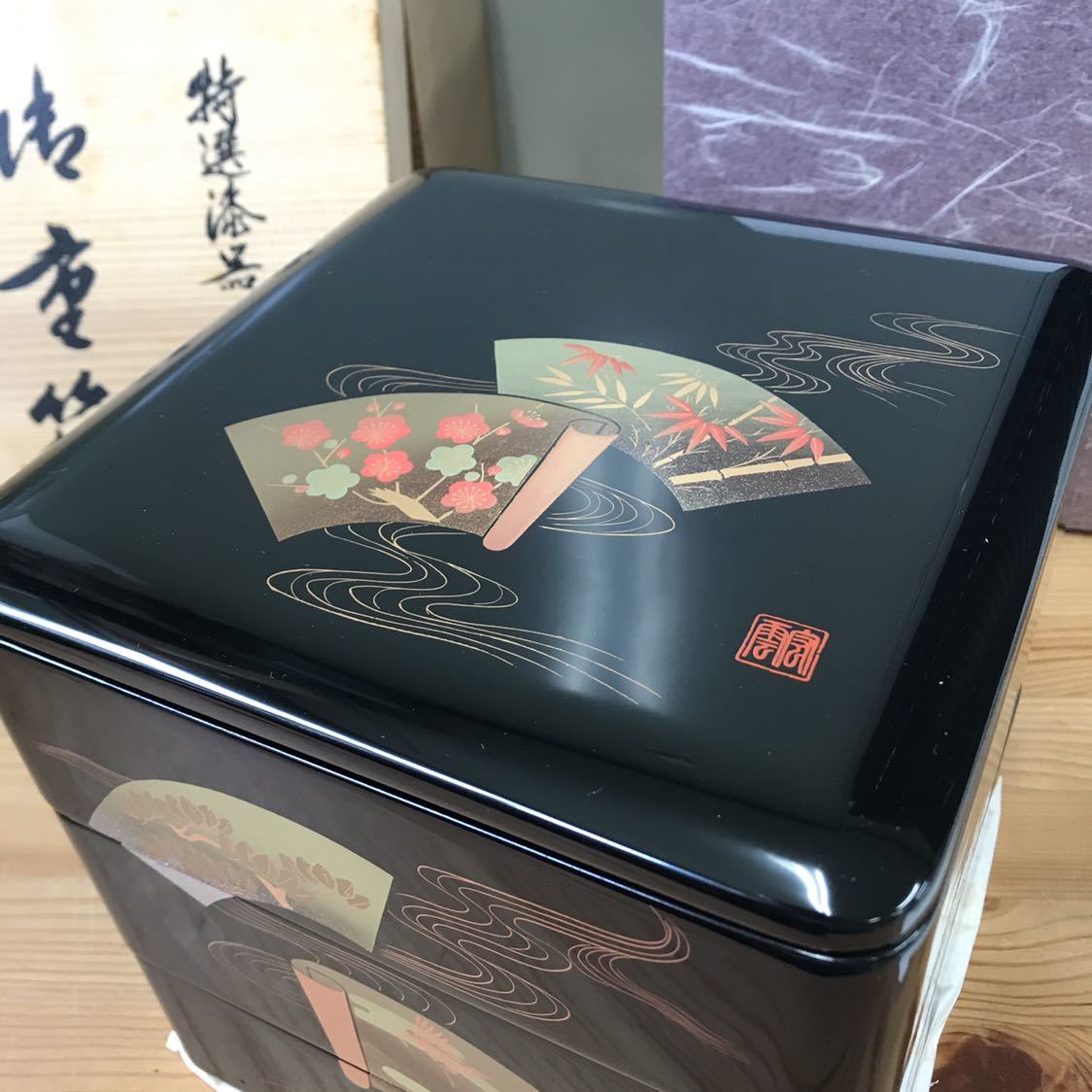 豊富な，人気SALE u3-101 会津塗 漆器 三段重 重箱 本重 扇面(重箱)｜売買されたオークション情報、yahooの商品情報をアーカイブ公開 - オークファン 重箱