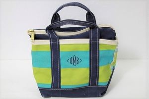 USA製 LLビーン LLBean ボーダー ミニトートバッグ 水色×黄緑×紺 アメリカ製 ジップト