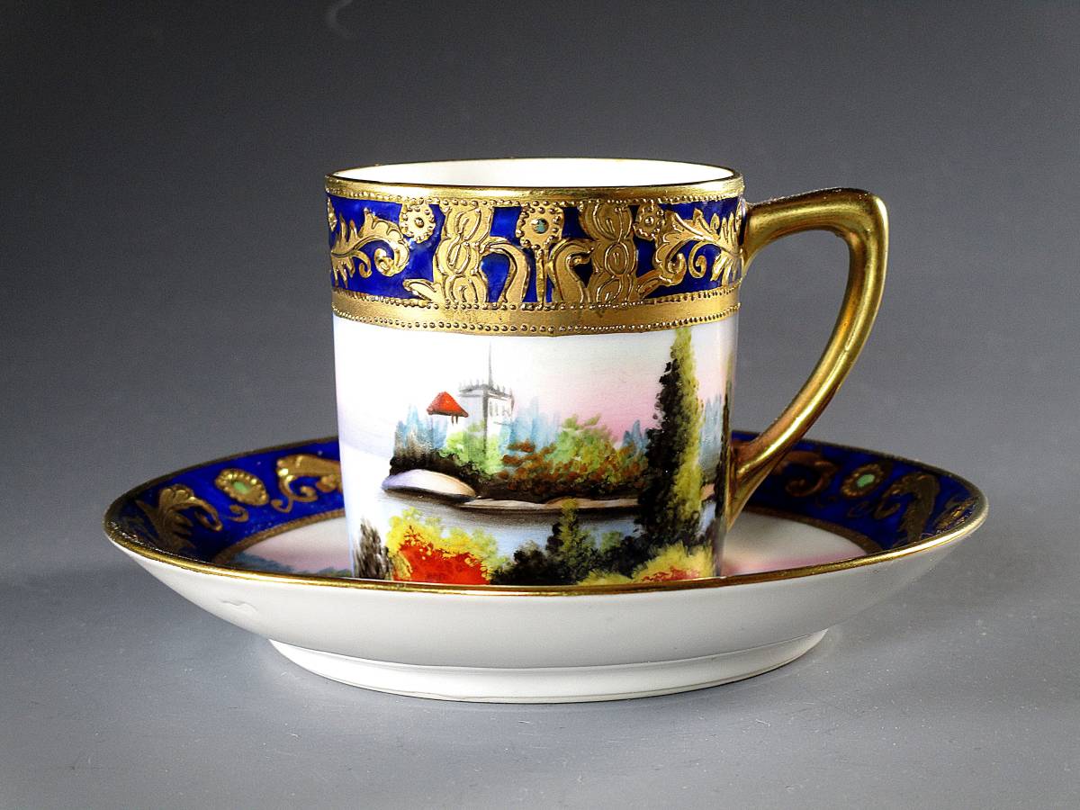 オールドノリタケ 金盛り上げ 風景画 点盛 カップ＆ソーサー コバルト