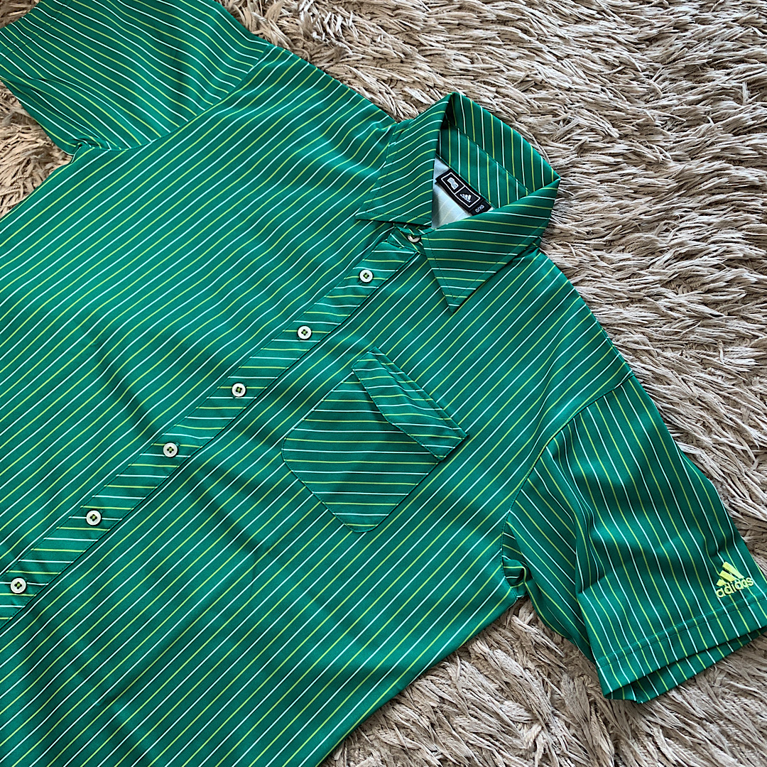 本物保証，SALE 品 adidas テーラーメイド ゴルフ お洒落な フルボタン ストライプ サラサラシャツ 緑 O(アディダス)｜売買されたオークション情報、yahooの商品情報をアーカイブ公開 - オークファン シャツ