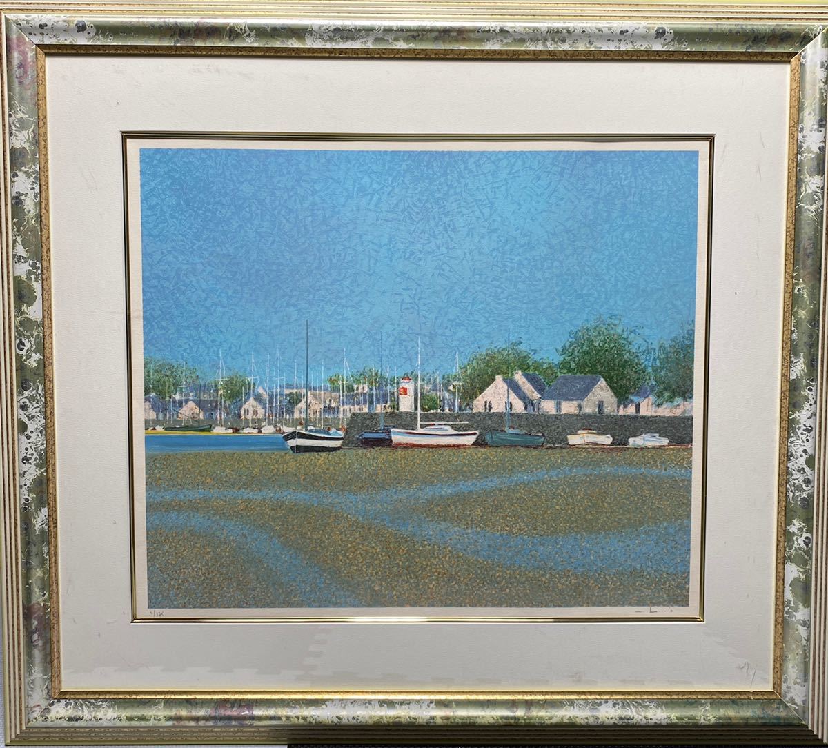 真作] アンドレ・ブーリエ 作 作品名「引き潮」額装 版画 風景画 絵画