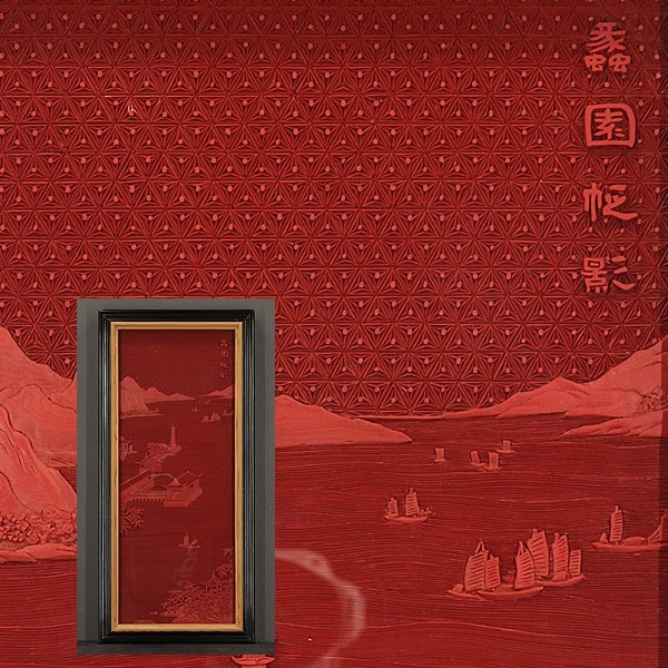 □□堆朱 額 揚州製 細密彫刻 中国 山水風景画 合せ箱□□