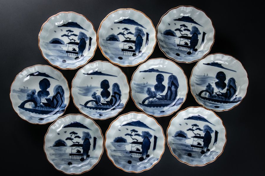 古伊万里 なます皿 | 染付山水図 10客セット 輪花型