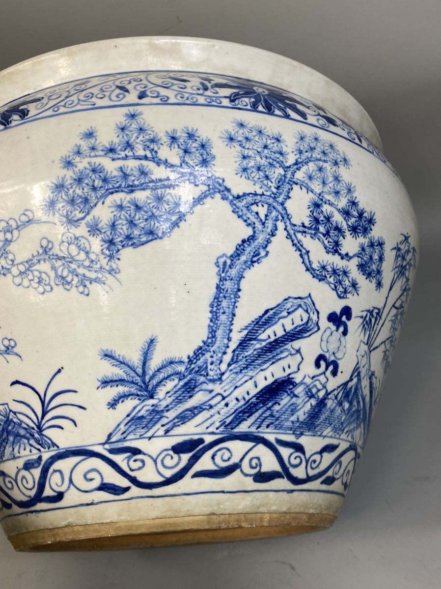 時代物 松竹梅 古伊万里 染付 中国 古玩 古美術 火鉢 金魚鉢 睡蓮鉢