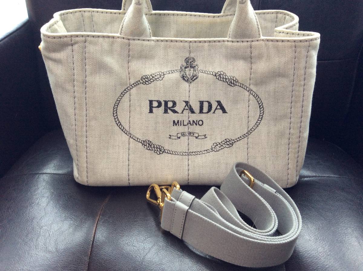 □PRADA プラダ カナパ デニム生地 ストラップ付属 2WAYバッグ 