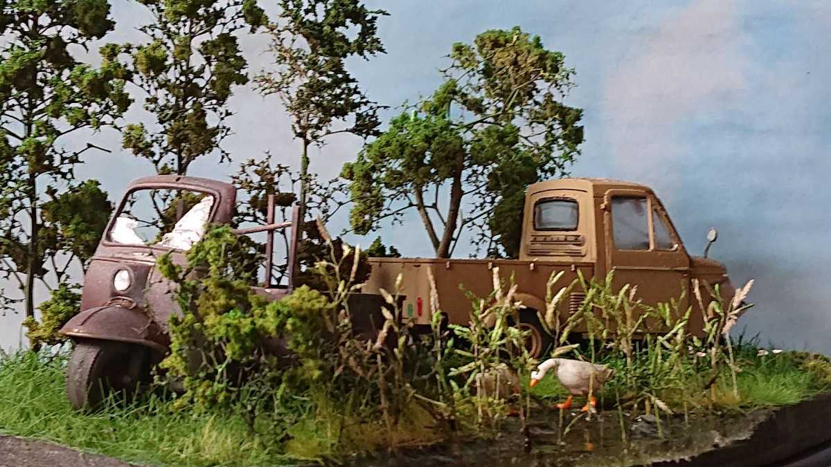 1⁄32 錆汚し加工 昭和レトロな風景 ミゼット 自作ジオラマ完成品 完成