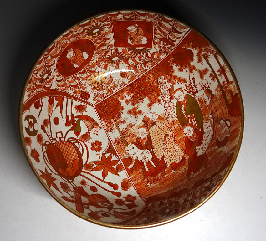 緑屋zc□ 時代物 古九谷 細密赤絵 鉢 幅約23cm 箱付 i9/