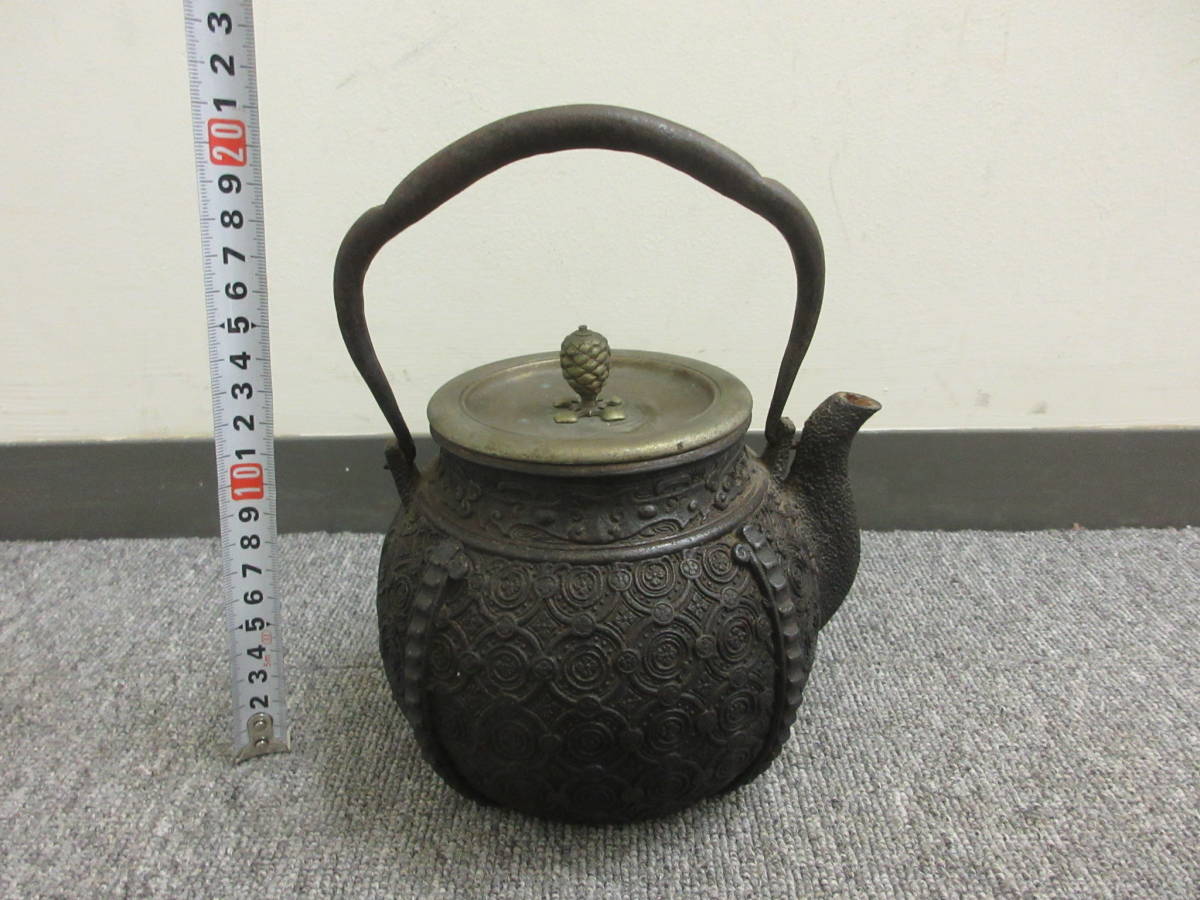 夢工房】時代 注連縄 紋様 廣口 鉄瓶 蓋裏花押 煎茶道具 BA-456