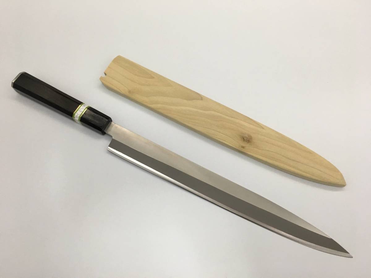 ステンレス全鋼 本焼き 柳刃包丁尺寸 黒檀水牛八角柄 朴木鞘付き